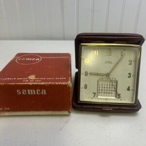 Vintage Semca Travel Alarm Clock w/Leather Case - Calendar - For Parts
